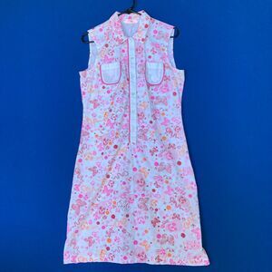Vintage French Kitty by Mighty Fine Womens Graffiti Dress, Collar, Pink & White